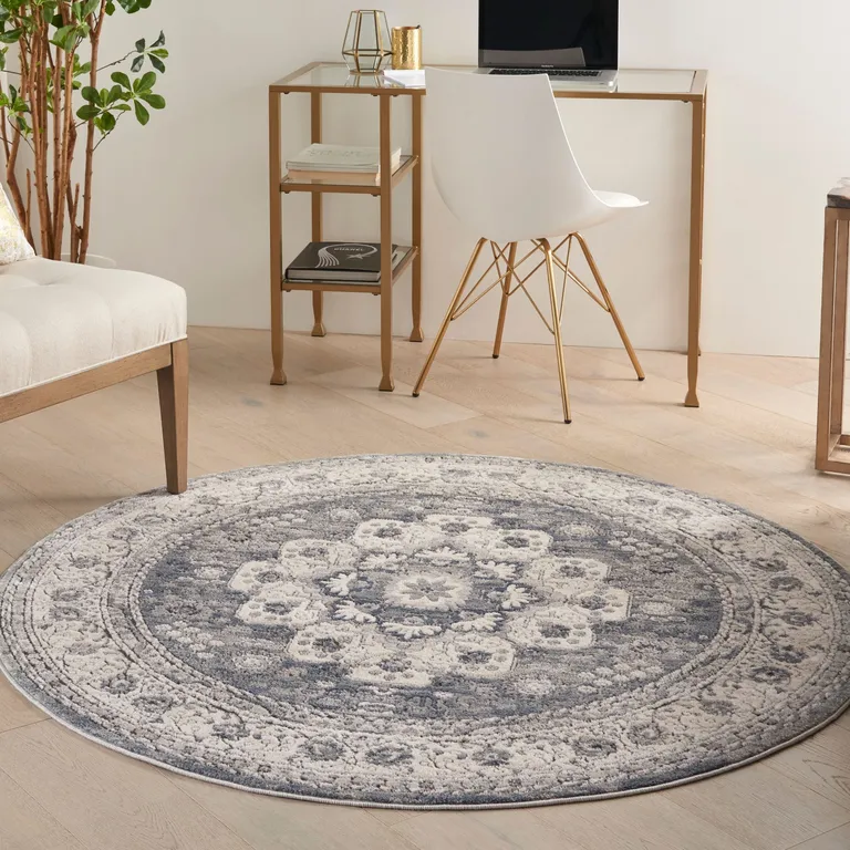 5' Grey And Ivory Round Oriental Power Loom Non Skid Area Rug Photo 5