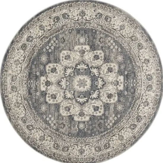 5' Grey And Ivory Round Oriental Power Loom Non Skid Area Rug Photo 5