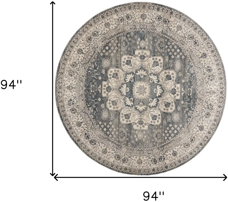 8' Grey And Ivory Round Oriental Power Loom Non Skid Area Rug Photo 5