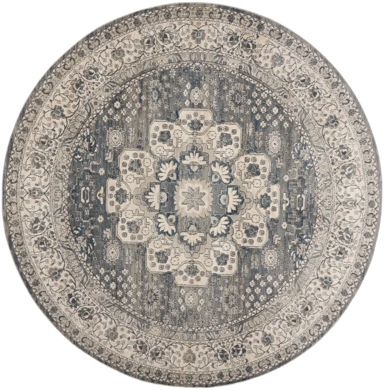 8' Grey And Ivory Round Oriental Power Loom Non Skid Area Rug Photo 1