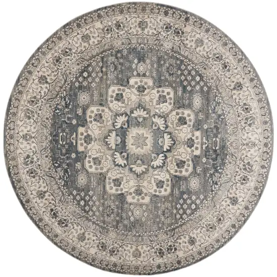 8' Grey And Ivory Round Oriental Power Loom Non Skid Area Rug Photo 1