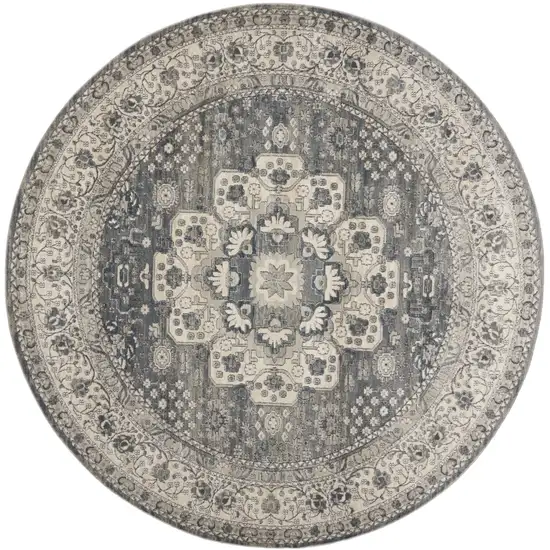 8' Grey And Ivory Round Oriental Power Loom Non Skid Area Rug Photo 1