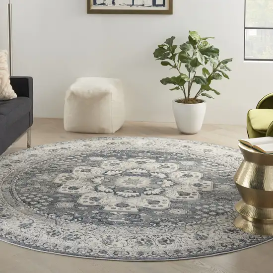 8' Grey And Ivory Round Oriental Power Loom Non Skid Area Rug Photo 8