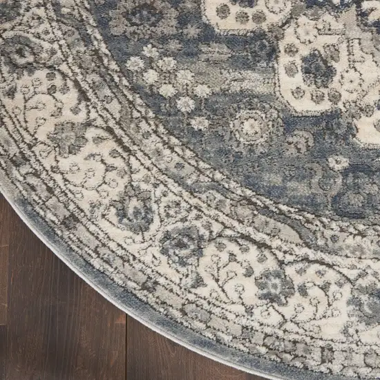 8' Grey And Ivory Round Oriental Power Loom Non Skid Area Rug Photo 6