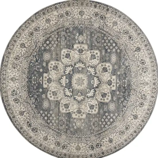 8' Grey And Ivory Round Oriental Power Loom Non Skid Area Rug Photo 6