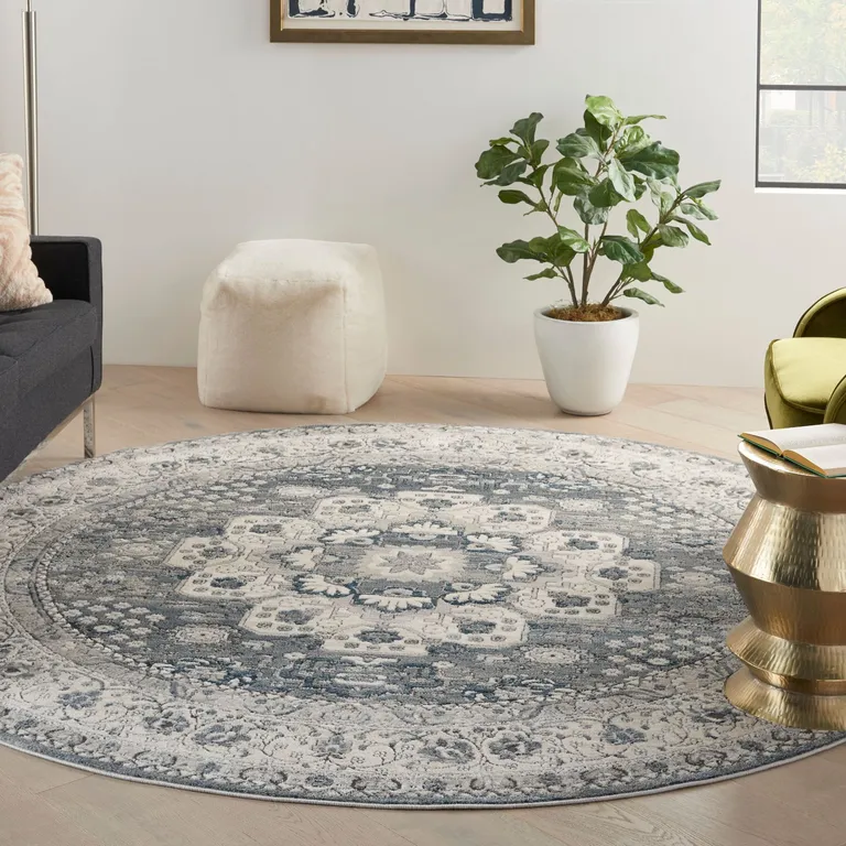 8' Grey And Ivory Round Oriental Power Loom Non Skid Area Rug Photo 4