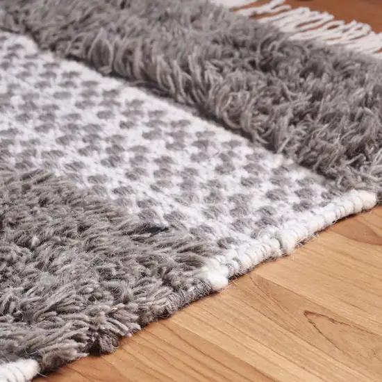 10' Grey And Silver Wool Striped Flatweave Handmade Stain Resistant Runner Rug With Fringe Photo 6