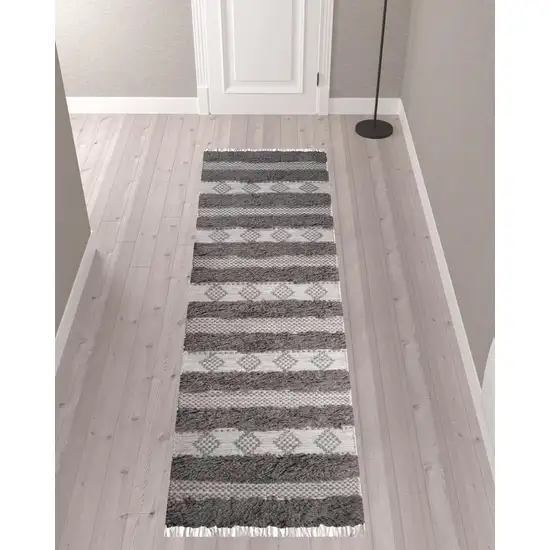 10' Grey And Silver Wool Striped Flatweave Handmade Stain Resistant Runner Rug With Fringe Photo 2