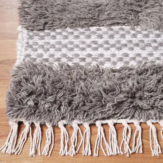 10' Grey And Silver Wool Striped Flatweave Handmade Stain Resistant Runner Rug With Fringe Photo 3