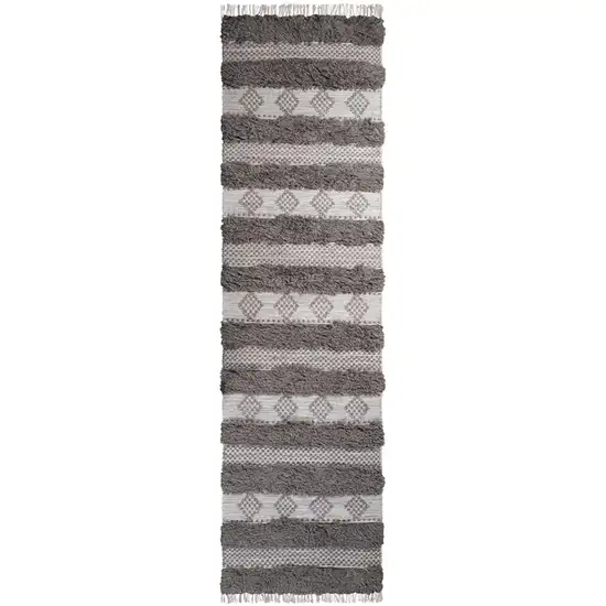 10' Grey And Silver Wool Striped Flatweave Handmade Stain Resistant Runner Rug With Fringe Photo 1