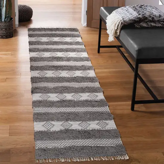 10' Grey And Silver Wool Striped Flatweave Handmade Stain Resistant Runner Rug With Fringe Photo 5