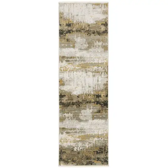 8' Grey Gold Black Charcoal And Beige Abstract Power Loom Runner Rug With Fringe Photo 1