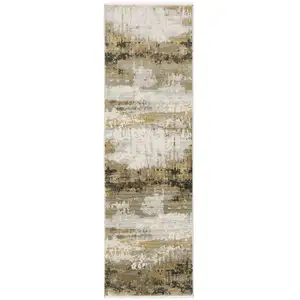 Photo of 8' Grey Gold Black Charcoal And Beige Abstract Power Loom Runner Rug With Fringe