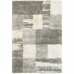 Photo of 5 Grey Ivory And Silver Geometric Shag Power Loom Stain Resistant Area Rug