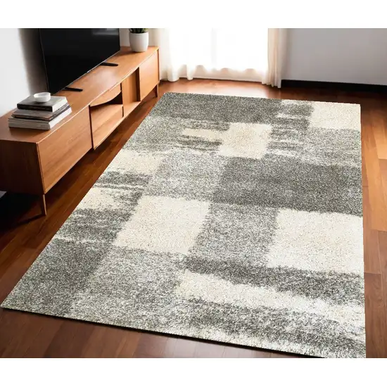 5 Grey Ivory And Silver Geometric Shag Power Loom Stain Resistant Area Rug Photo 1