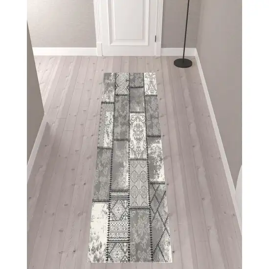 10' Grey Patchwork Power Loom Runner Rug Photo 2