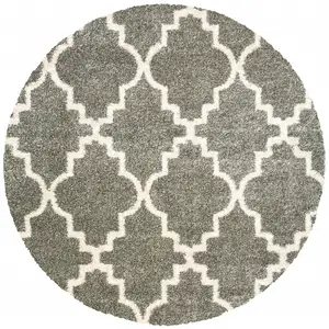 Photo of 8' Grey Round Geometric Power Loom Stain Resistant Area Rug