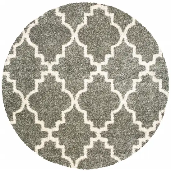 8' Grey Round Geometric Power Loom Stain Resistant Area Rug Photo 1