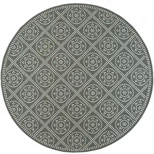 Photo of 8' Grey Round Geometric Stain Resistant Indoor Outdoor Area Rug