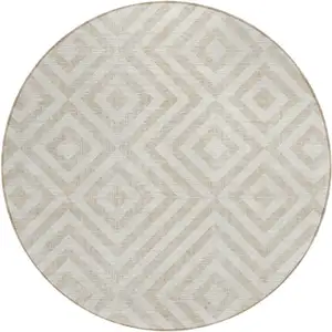 Photo of 8' Ivory And Beige Round Geometric Washable Indoor Outdoor Area Rug