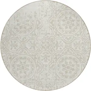 Photo of 8' Ivory And Beige Round Medallion Washable Indoor Outdoor Area Rug