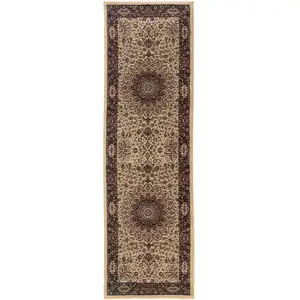 Photo of 9' Ivory And Black Oriental Runner Rug