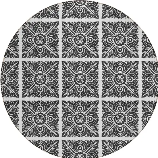 8' Ivory And Black Round Medallion Washable Indoor Outdoor Area Rug Photo 5