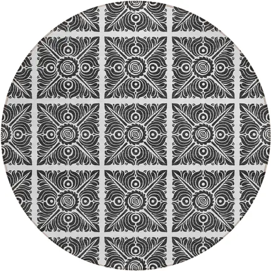 8' Ivory And Black Round Medallion Washable Indoor Outdoor Area Rug Photo 2