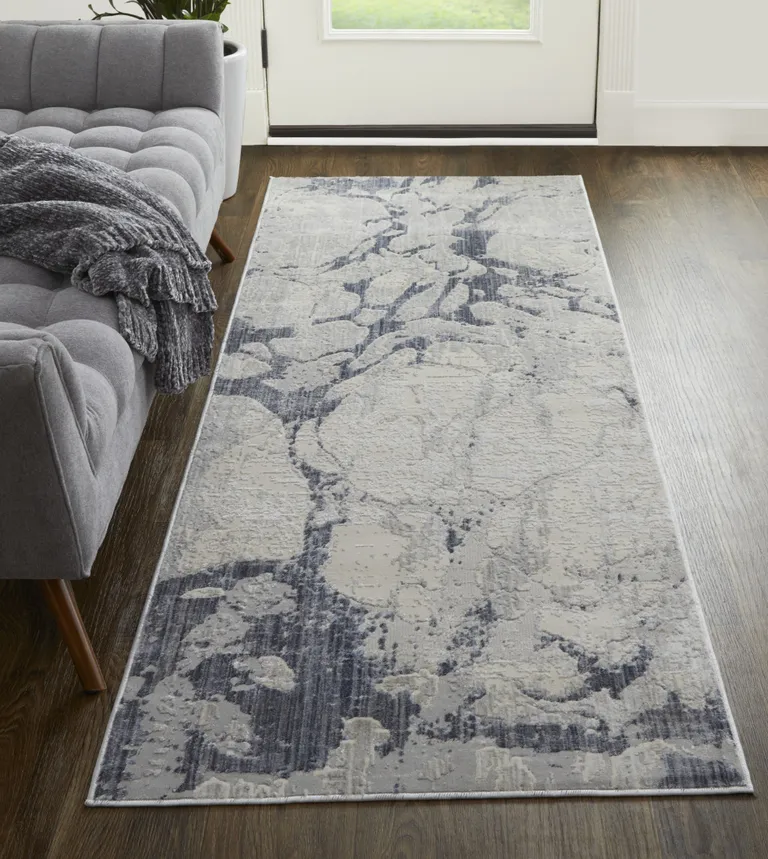 10' Ivory And Blue Abstract Power Loom Distressed Runner Rug Photo 4