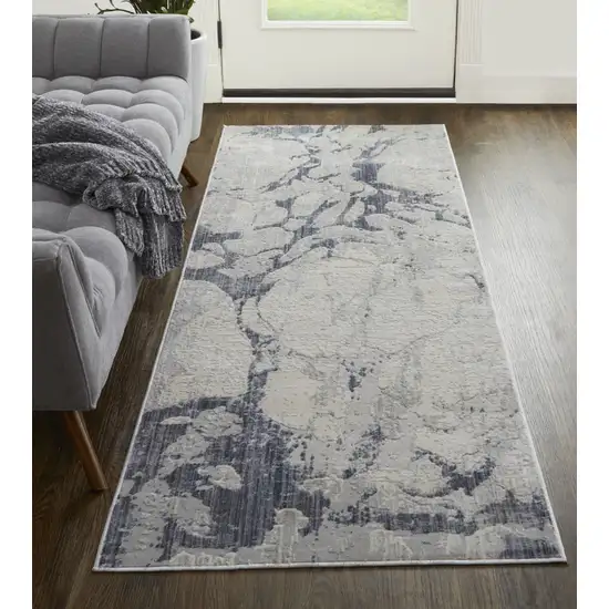 10' Ivory And Blue Abstract Power Loom Distressed Runner Rug Photo 4