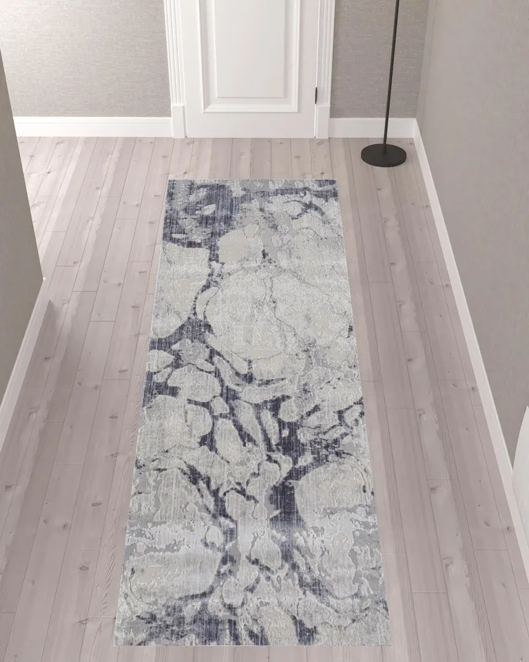 10' Ivory And Blue Abstract Power Loom Distressed Runner Rug Photo 2