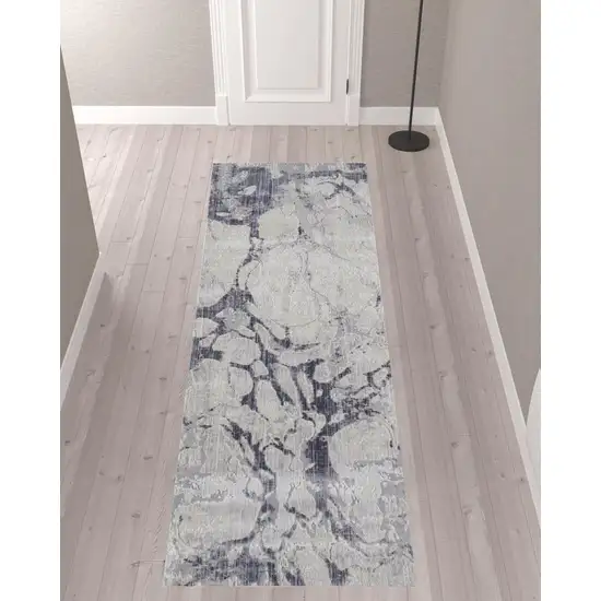 10' Ivory And Blue Abstract Power Loom Distressed Runner Rug Photo 2