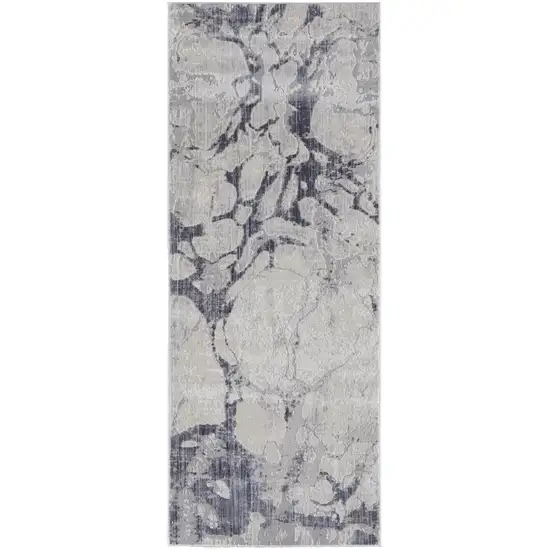 10' Ivory And Blue Abstract Power Loom Distressed Runner Rug Photo 1