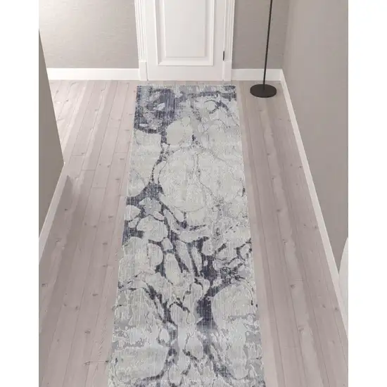 12' Ivory And Blue Abstract Power Loom Distressed Runner Rug Photo 2