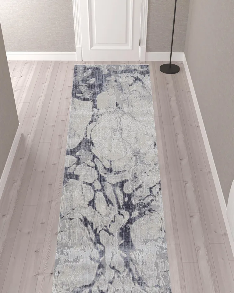 12' Ivory And Blue Abstract Power Loom Distressed Runner Rug Photo 2