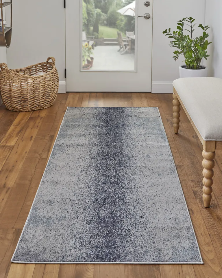 8' Ivory And Blue Abstract Power Loom Runner Rug Photo 3