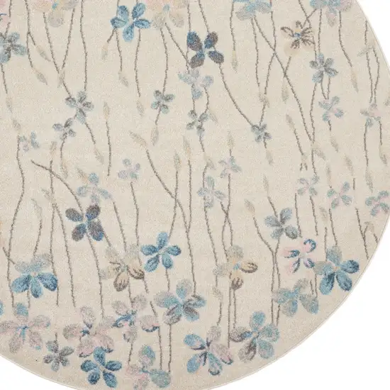 5' Ivory And Blue Floral Round Rug Photo 7