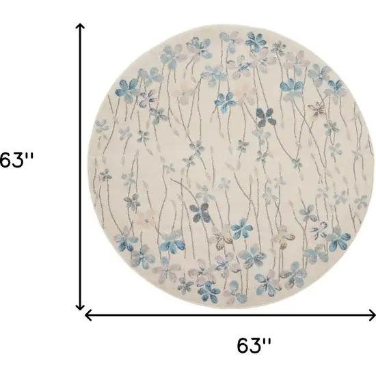 5' Ivory And Blue Floral Round Rug Photo 3