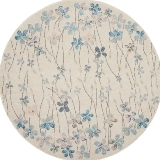 5' Ivory And Blue Floral Round Rug Photo 8