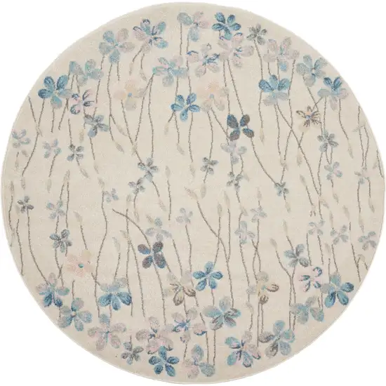 5' Ivory And Blue Floral Round Rug Photo 2