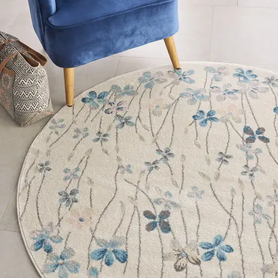 5' Ivory And Blue Floral Round Rug Photo 9