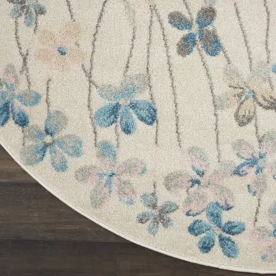 5' Ivory And Blue Floral Round Rug Photo 4