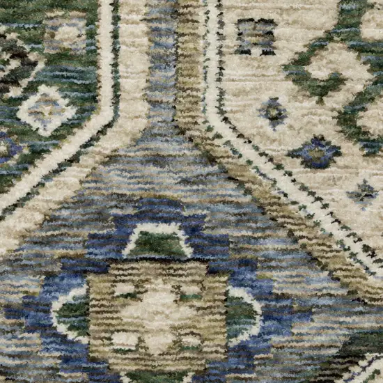 8' Ivory And Blue Medallion Runner Rug With Fringe Photo 6