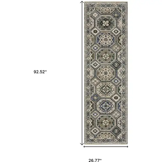 8' Ivory And Blue Medallion Runner Rug With Fringe Photo 3