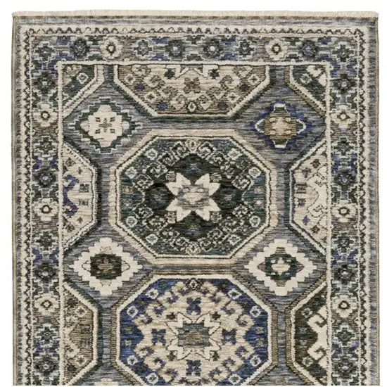 8' Ivory And Blue Medallion Runner Rug With Fringe Photo 4