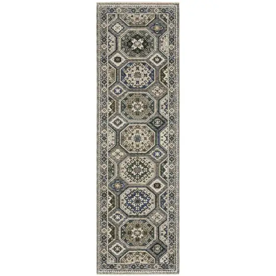 8' Ivory And Blue Medallion Runner Rug With Fringe Photo 2