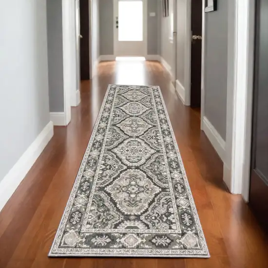 8' Ivory And Blue Medallion Runner Rug Photo 1