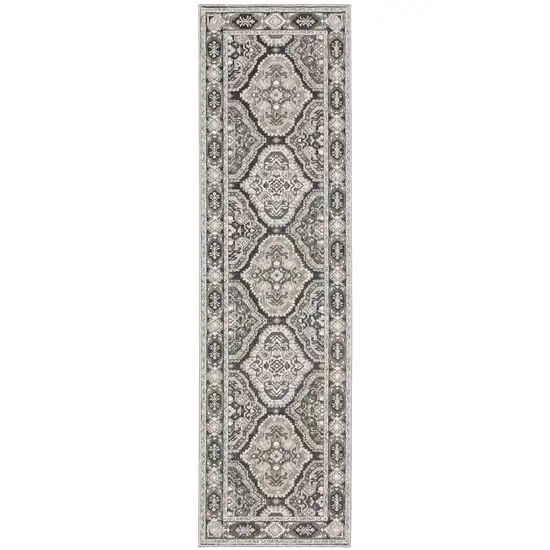 8' Ivory And Blue Medallion Runner Rug Photo 2