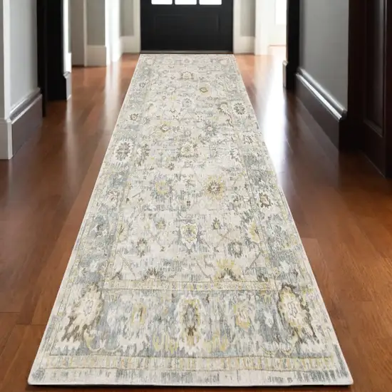 10' Ivory And Blue Oriental Hand Tufted Runner Rug Photo 1