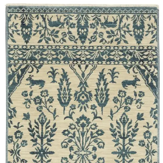 8' Ivory And Blue Oriental Runner Rug With Fringe Photo 5